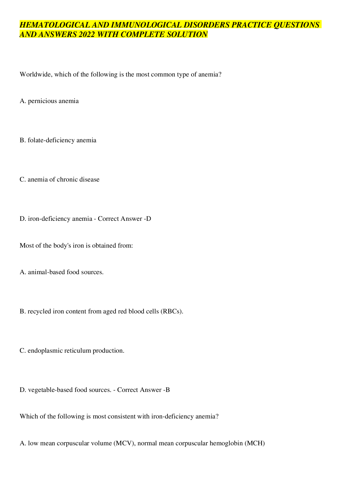 Preview image for HEMATOLOGICAL AND IMMUNOLOGICAL DISORDERS PRACTICE QUESTIONS AND ANSWERS 2022 WITH COMPLETE SOLUTION